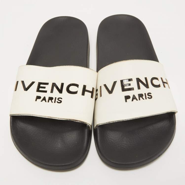 Pre Owned Givenchy White/Black Leather Laser Cut Logo Slides Size 36