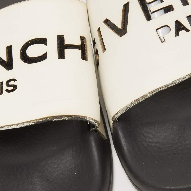 Pre Owned Givenchy White/Black Leather Laser Cut Logo Slides Size 36