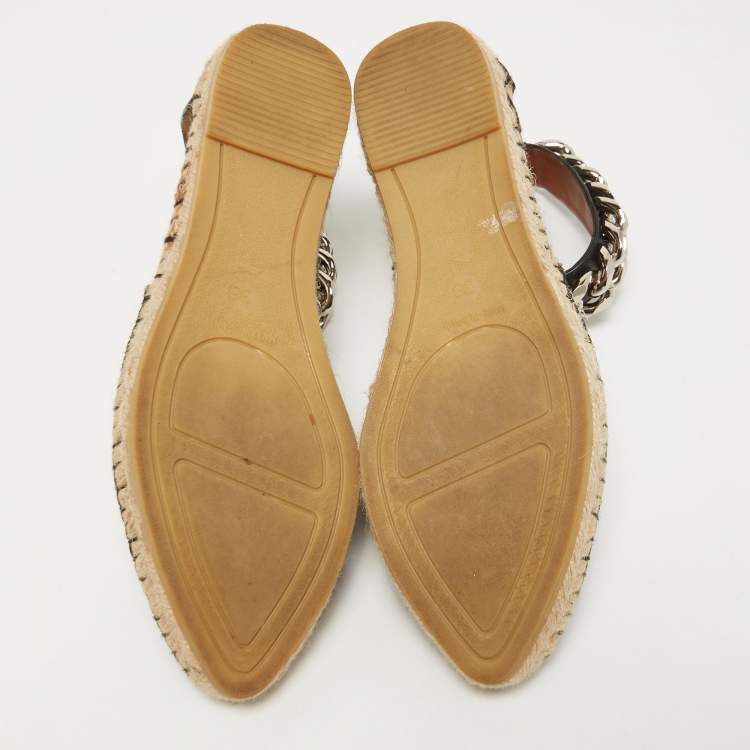 Pre Owned Givenchy Black Leather Chain Ankle Strap Espadrille Flats Size 38 