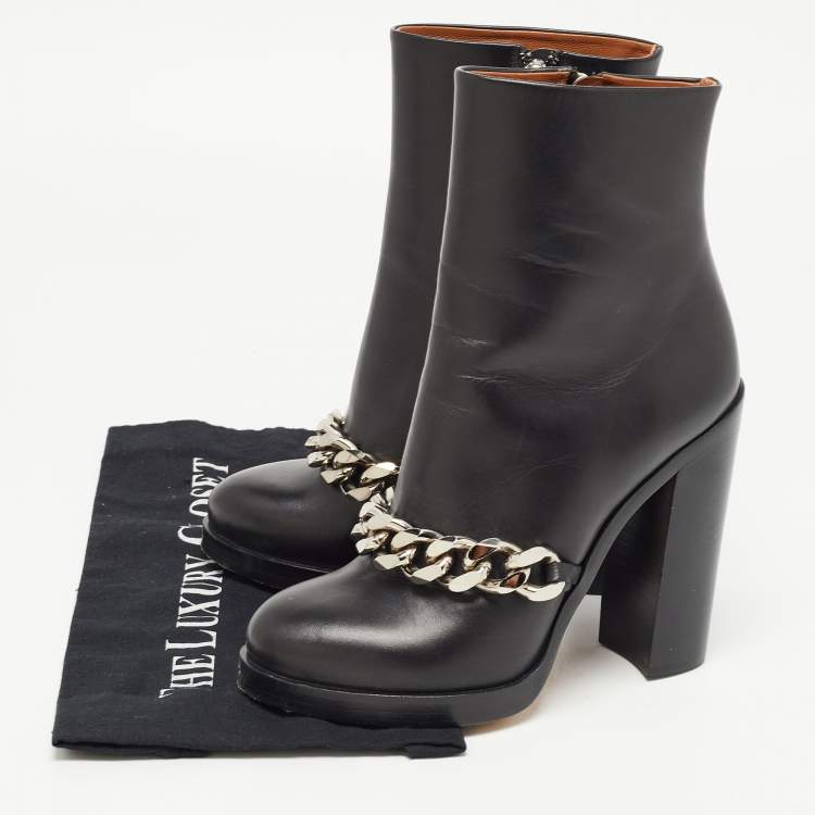 Pre Owned Givenchy Black Leather Chain Ankle Length Boots Size 37.5