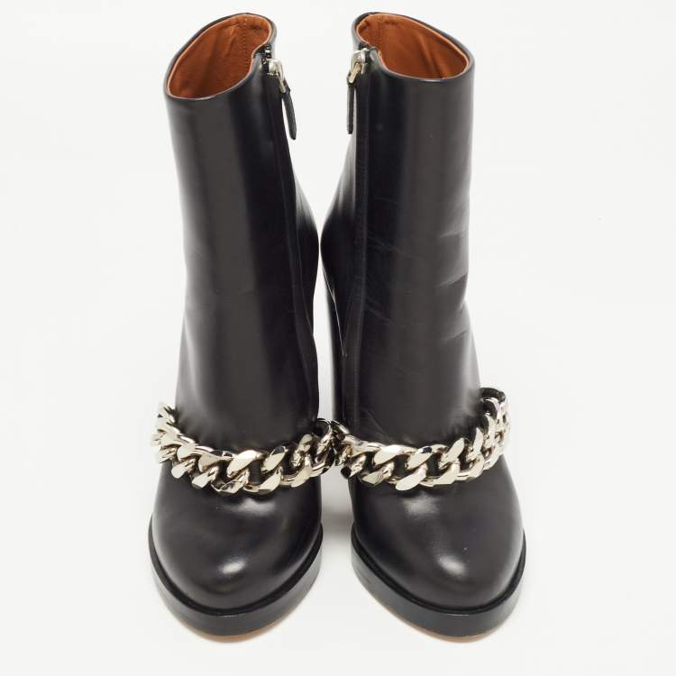 Pre Owned Givenchy Black Leather Chain Ankle Length Boots Size 37.5