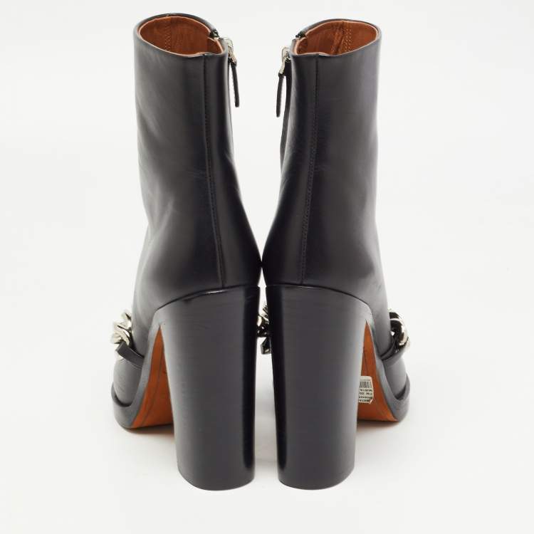 Pre Owned Givenchy Black Leather Chain Ankle Length Boots Size 37.5