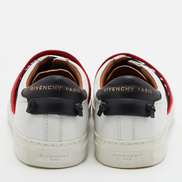 Pre Owned Givenchy White/Red Leather And Logo Stretch Band Urban Street Slip On Sneakers Size 37.5