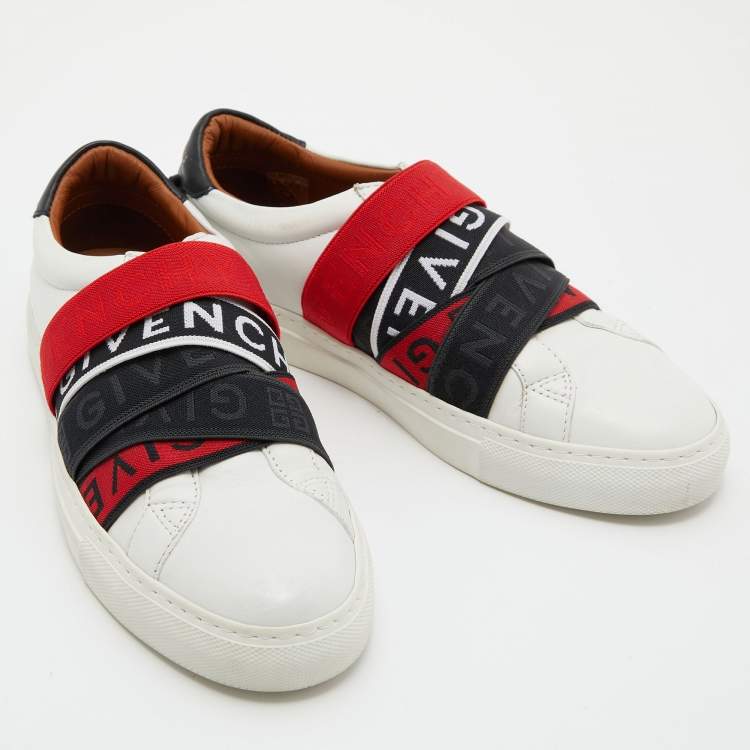 Pre Owned Givenchy White/Red Leather And Logo Stretch Band Urban Street Slip On Sneakers Size 37.5