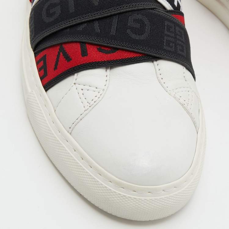 Pre Owned Givenchy White/Red Leather And Logo Stretch Band Urban Street Slip On Sneakers Size 37.5