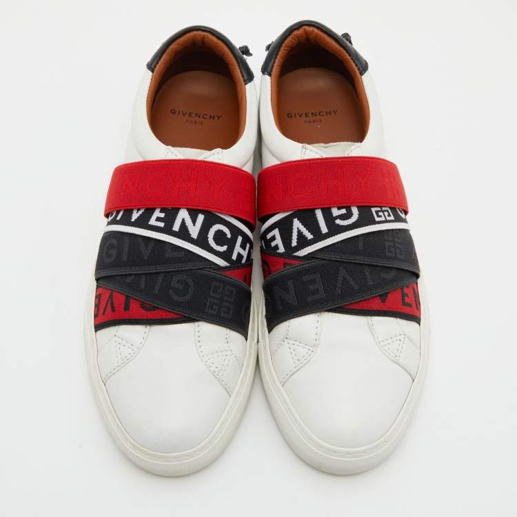 Pre Owned Givenchy White/Red Leather And Logo Stretch Band Urban Street Slip On Sneakers Size 37.5