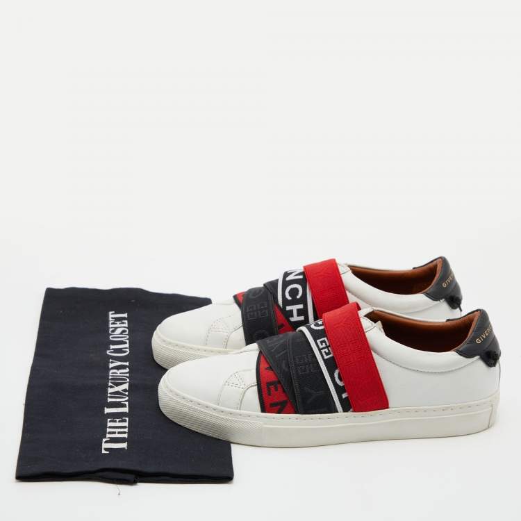 Pre Owned Givenchy White/Red Leather And Logo Stretch Band Urban Street Slip On Sneakers Size 37.5
