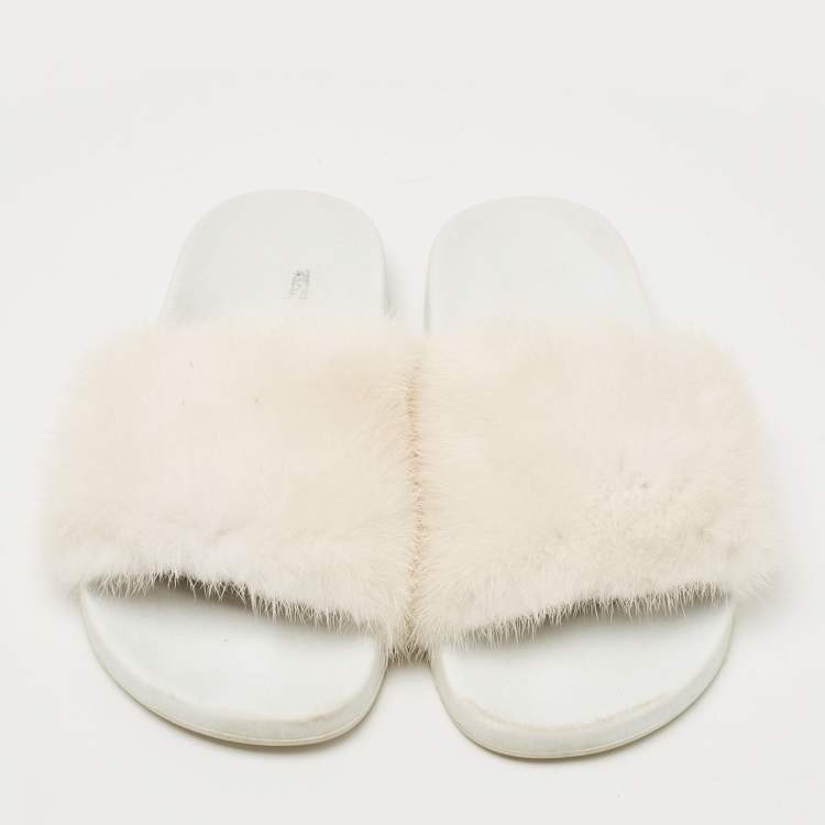 Pre Owned Givenchy White Mink Fur Pool Slides Size 37