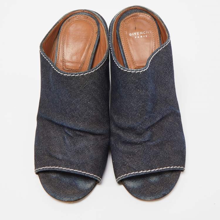 Pre Owned Givenchy Black/Navy Blue Denim and Leather Slide Size 36.5