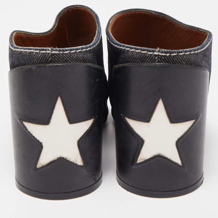 Pre Owned Givenchy Black/Navy Blue Denim and Leather Slide Size 36.5
