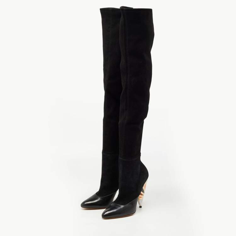 Pre Owned Givenchy Black Suede and Leather Knee Length Boots  Size 38