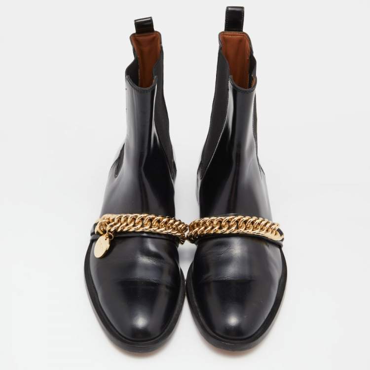 Pre Owned Givenchy Black Leather Chain Detail Chelsea Boots Size 38