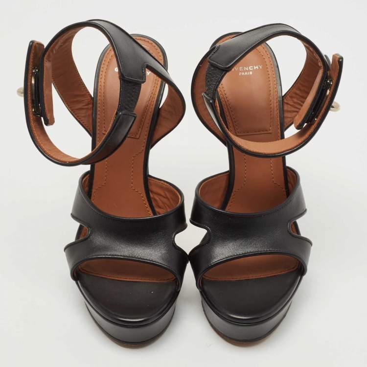 Pre Owned Givenchy Black Leather Shark Tooth Ankle Strap Platform Sandals Size 38