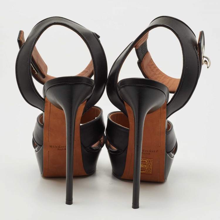Pre Owned Givenchy Black Leather Shark Tooth Ankle Strap Platform Sandals Size 38