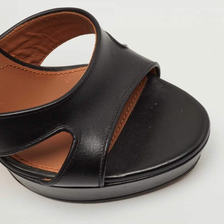 Pre Owned Givenchy Black Leather Shark Tooth Ankle Strap Platform Sandals Size 38