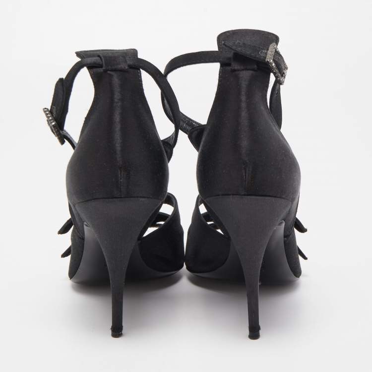 Pre Owned Givenchy Black Satin Crystal Buckle Embellished T Strap Open Toe Sandals Size 38