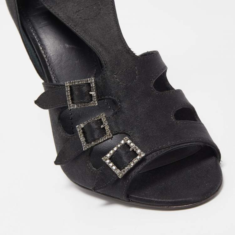 Pre Owned Givenchy Black Satin Crystal Buckle Embellished T Strap Open Toe Sandals Size 38