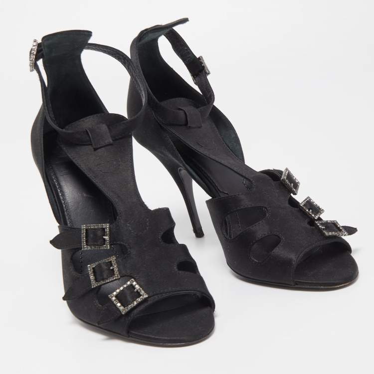 Pre Owned Givenchy Black Satin Crystal Buckle Embellished T Strap Open Toe Sandals Size 38