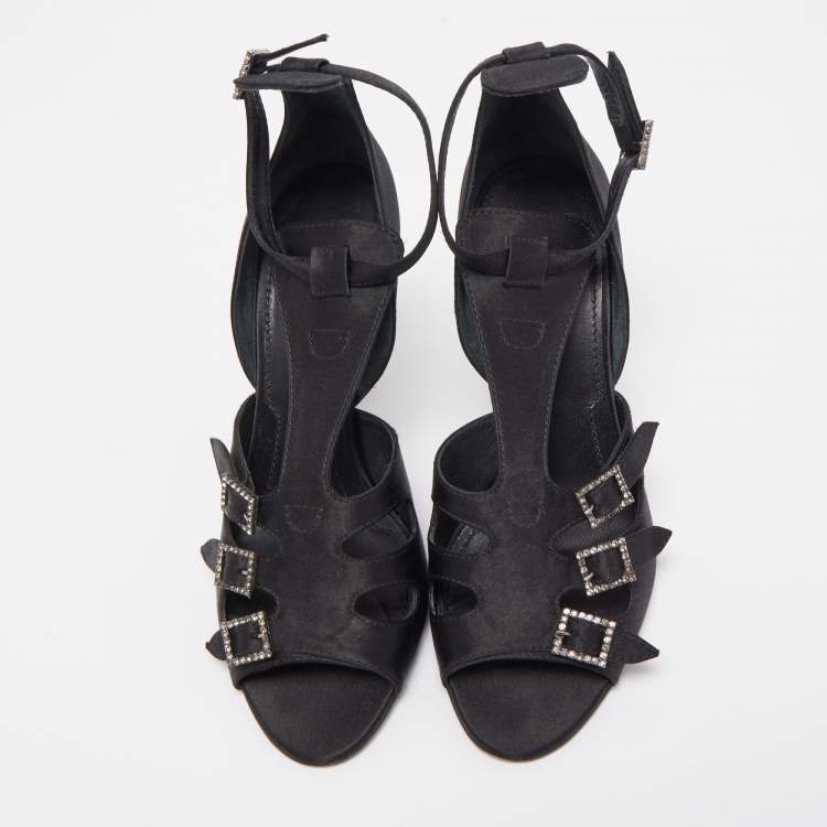 Pre Owned Givenchy Black Satin Crystal Buckle Embellished T Strap Open Toe Sandals Size 38