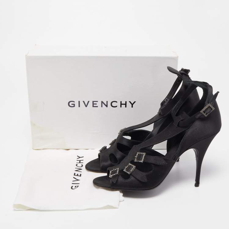 Pre Owned Givenchy Black Satin Crystal Buckle Embellished T Strap Open Toe Sandals Size 38