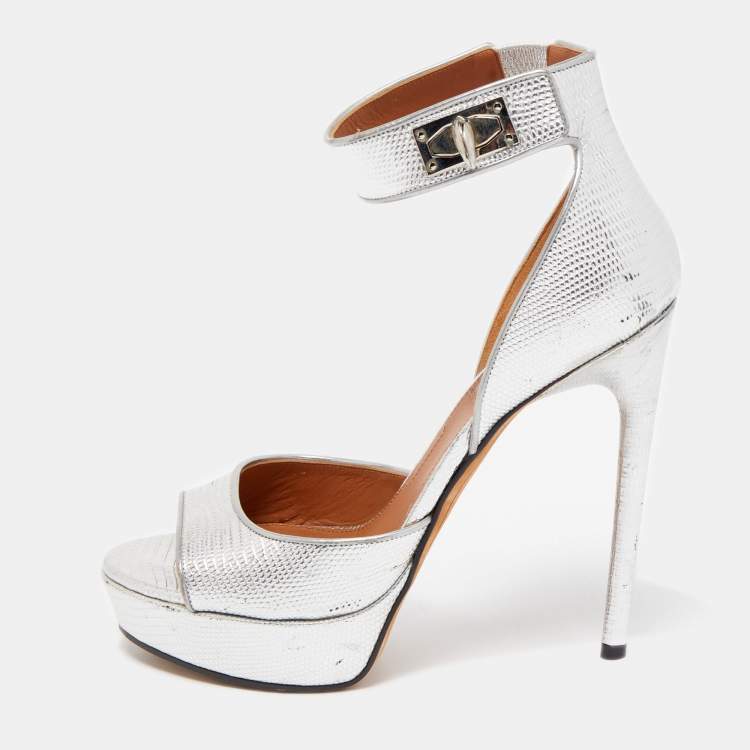 Pre Owned Givenchy Silver Lizard Embossed Leather Shark Lock Ankle Strap Platform Sandals Size 39