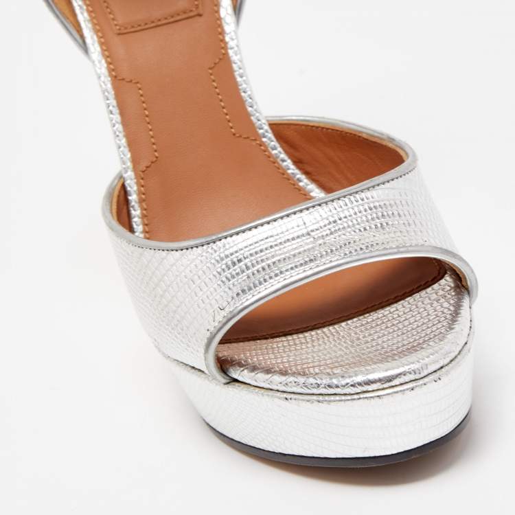 Pre Owned Givenchy Silver Lizard Embossed Leather Shark Lock Ankle Strap Platform Sandals Size 39