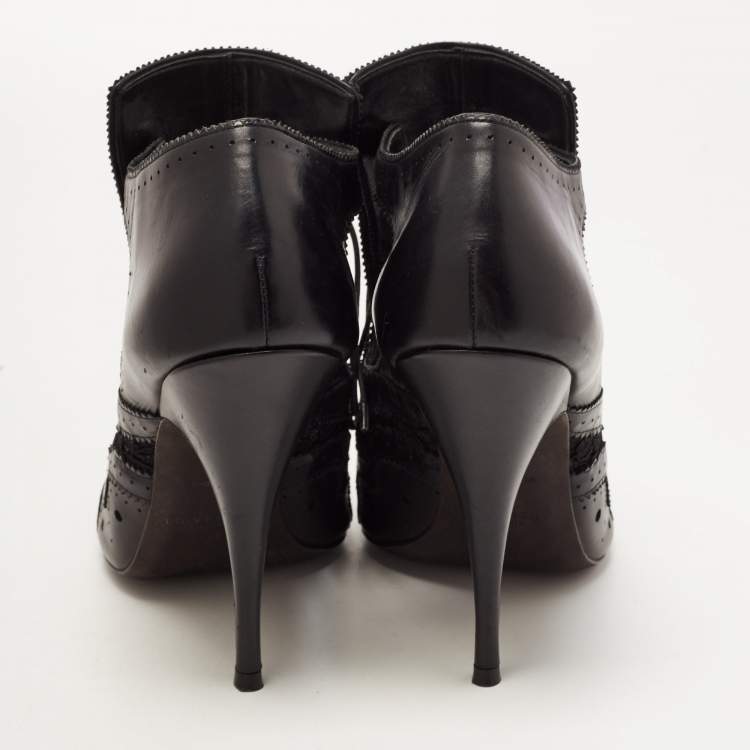 Pre Owned Givenchy Black Leather And Lace Pointed Toe Ankle Boots Size 40