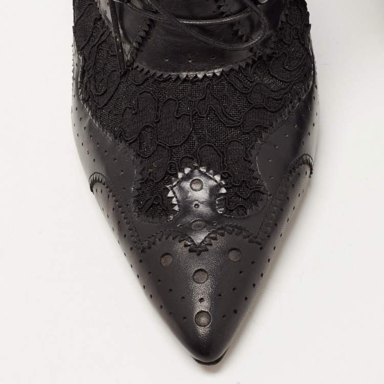 Pre Owned Givenchy Black Leather And Lace Pointed Toe Ankle Boots Size 40