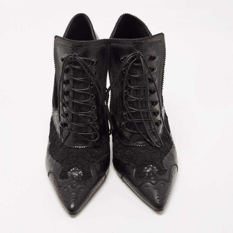 Pre Owned Givenchy Black Leather And Lace Pointed Toe Ankle Boots Size 40