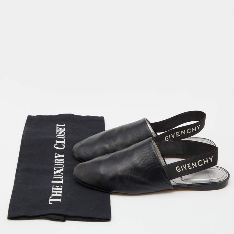 Pre Owned Givenchy Black Leather Rivington Logo Slingback Flat Mules Size 38