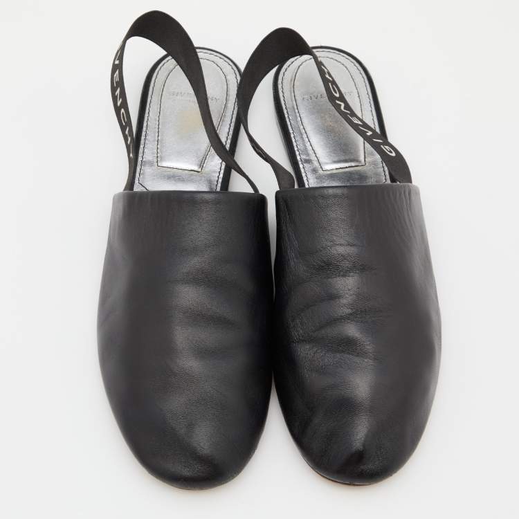 Pre Owned Givenchy Black Leather Rivington Logo Slingback Flat Mules Size 38