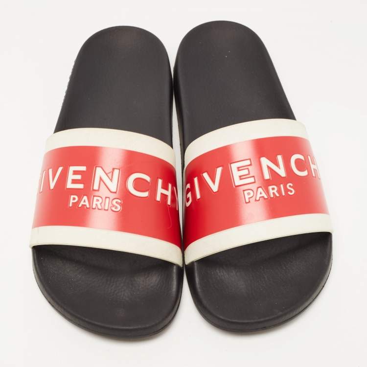 Pre Owned Givenchy Red/White Rubber Logo Slides Size 39