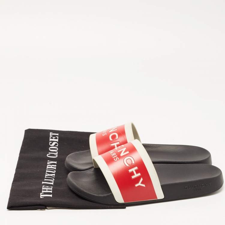 Pre Owned Givenchy Red/White Rubber Logo Slides Size 39