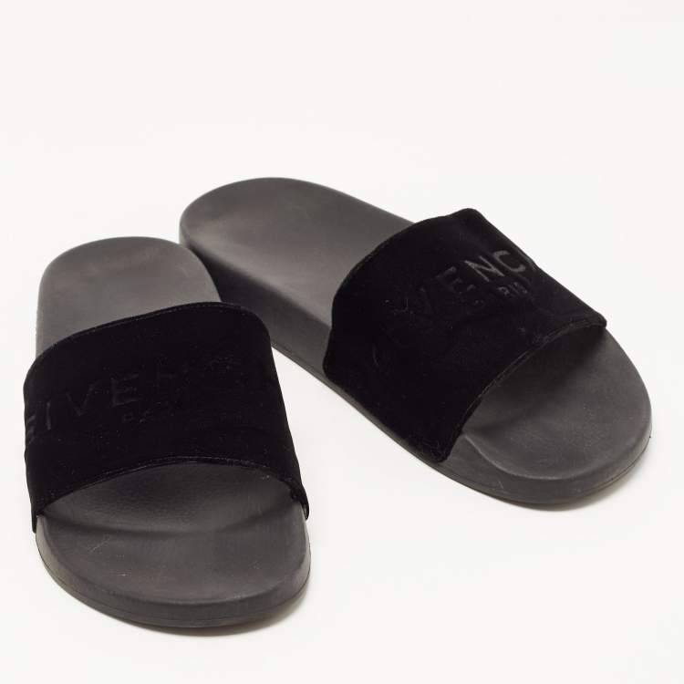 Pre Owned Givenchy Black Velvet Logo Slides Size 40