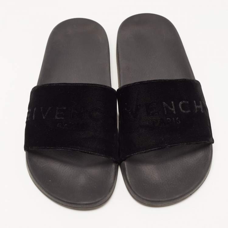 Pre Owned Givenchy Black Velvet Logo Slides Size 40