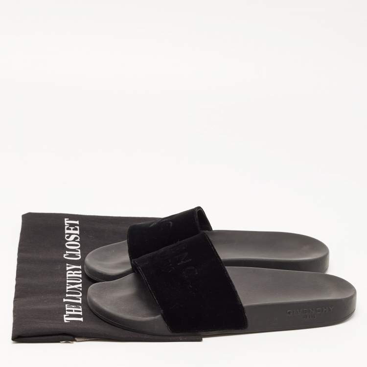 Pre Owned Givenchy Black Velvet Logo Slides Size 40