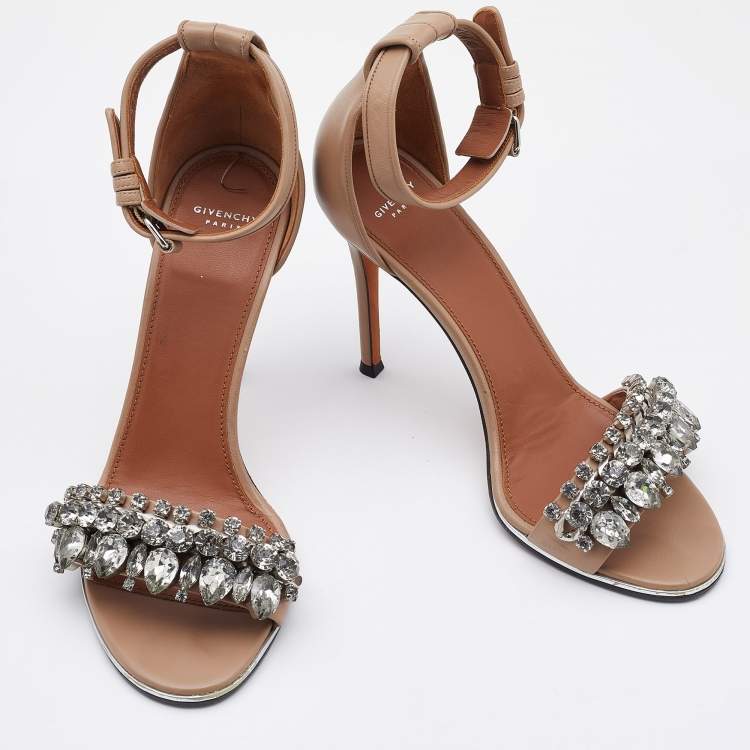 Pre Owned Givenchy Beige Leather Crystal Embellished Ankle Strap Sandals Size 38.5