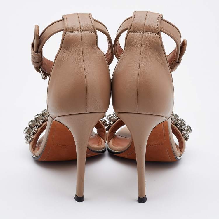 Pre Owned Givenchy Beige Leather Crystal Embellished Ankle Strap Sandals Size 38.5