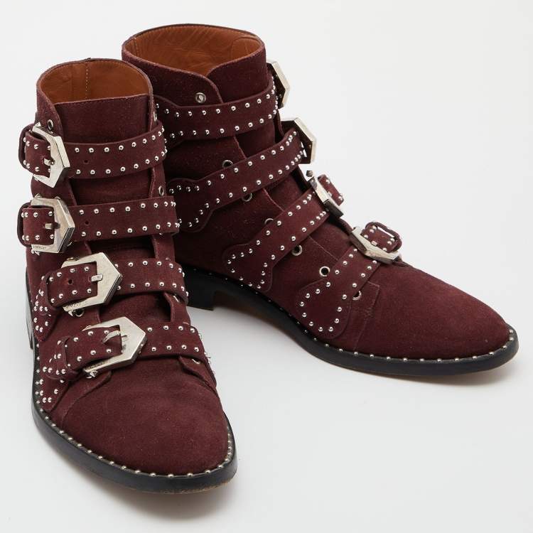 Pre Owned Givenchy Burgundy Suede Buckle Detail Boots Size 38.5