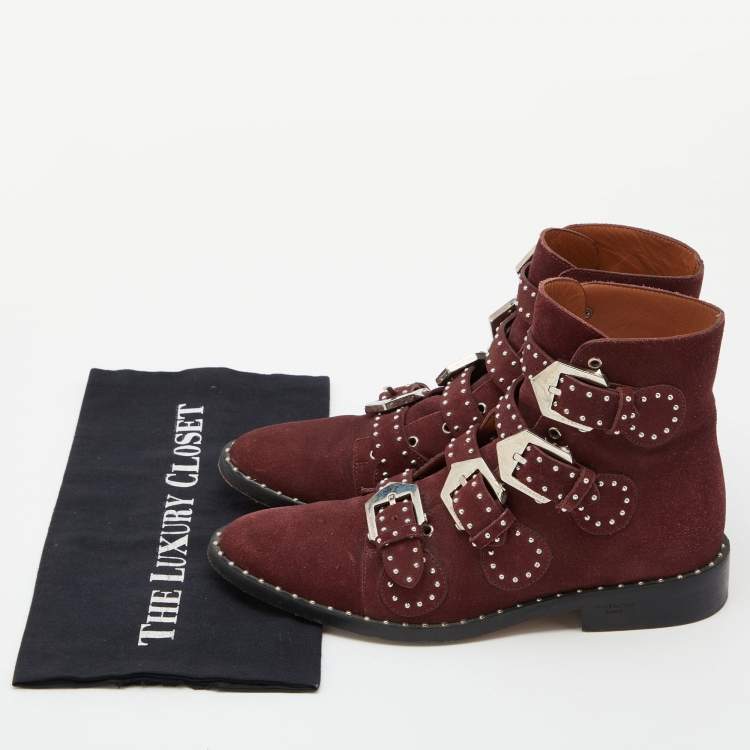 Pre Owned Givenchy Burgundy Suede Buckle Detail Boots Size 38.5