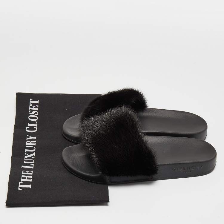 Pre Owned Givenchy Black Mink Fur Pool Slide Flats Size 36