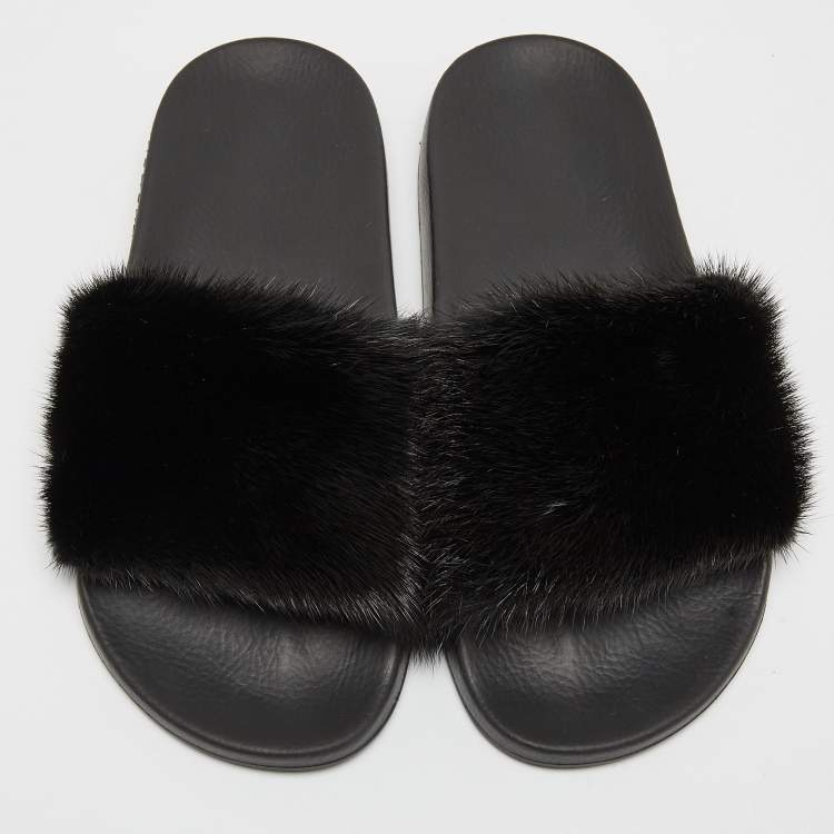 Pre Owned Givenchy Black Mink Fur Pool Slide Flats Size 36