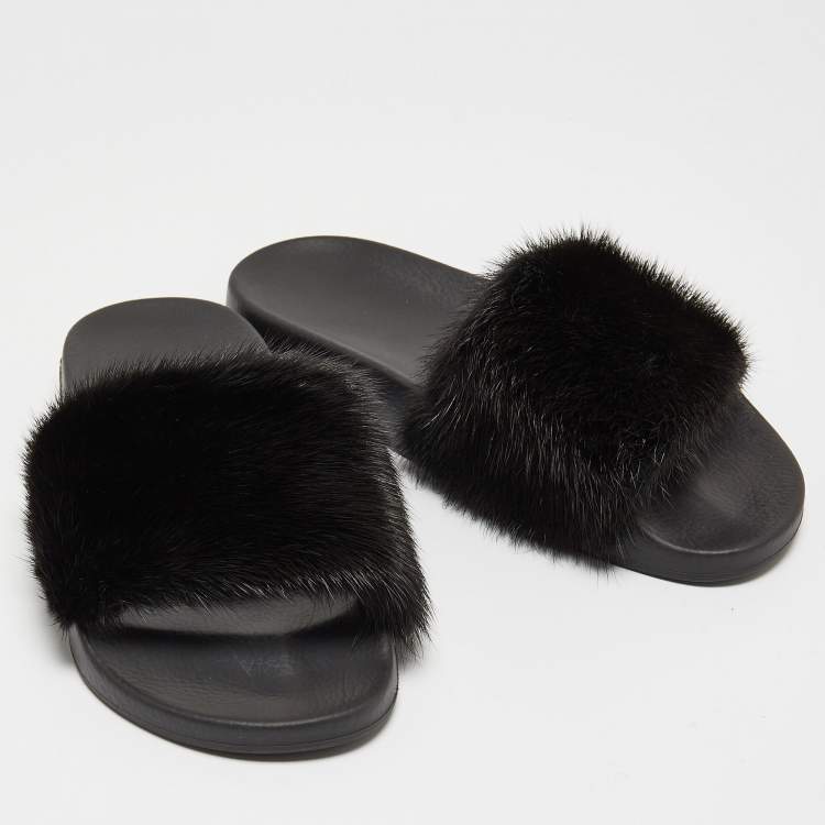 Pre Owned Givenchy Black Mink Fur Pool Slide Flats Size 36