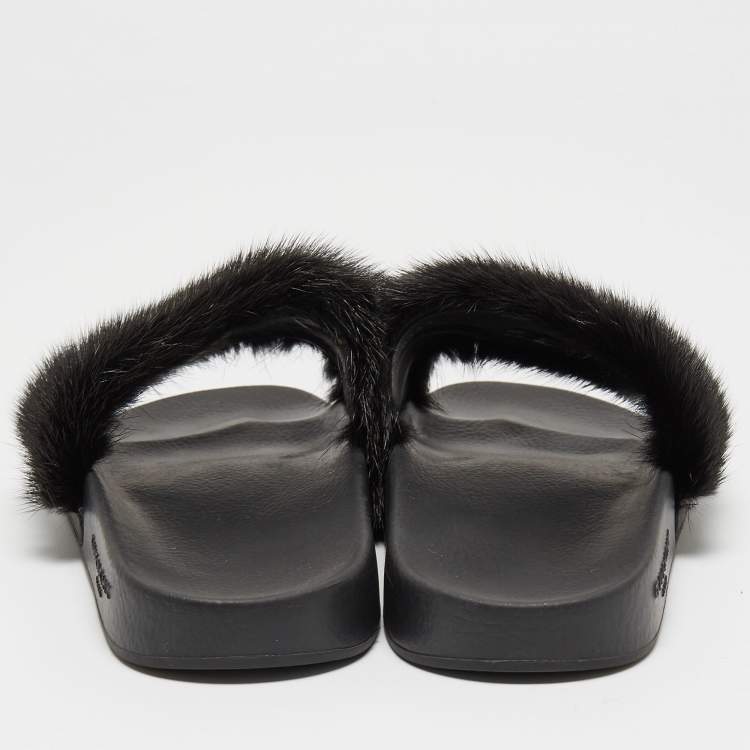 Pre Owned Givenchy Black Mink Fur Pool Slide Flats Size 36