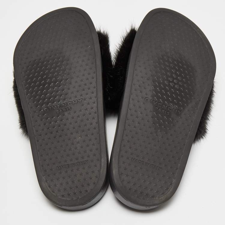Pre Owned Givenchy Black Mink Fur Pool Slide Flats Size 36