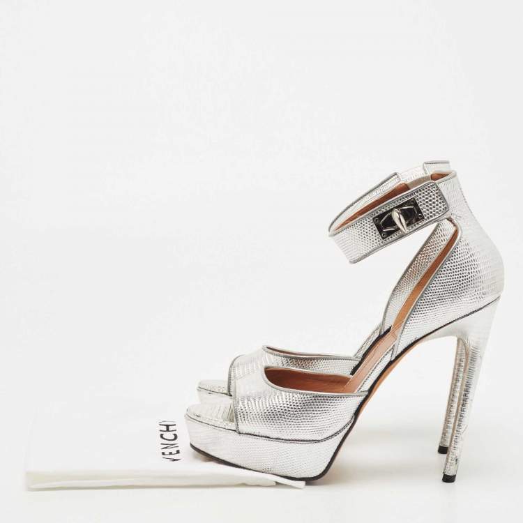 Pre Owned Givenchy Silver Lizard Embossed Leather Shark Lock Ankle Strap Sandals Size 40