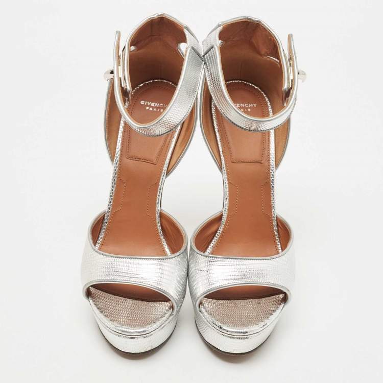 Pre Owned Givenchy Silver Lizard Embossed Leather Shark Lock Ankle Strap Sandals Size 40