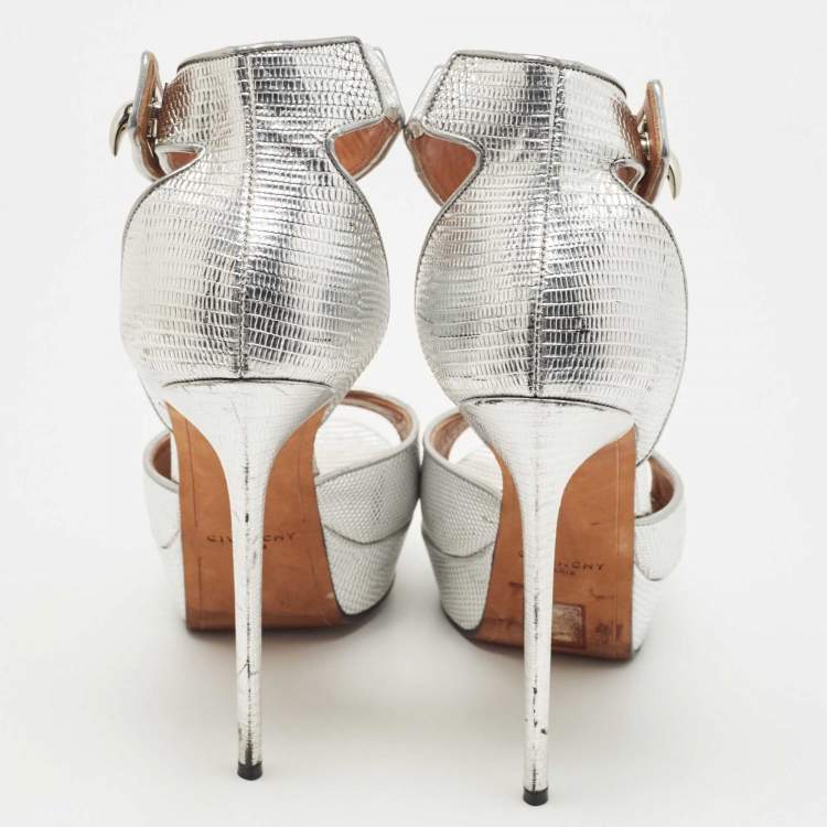 Pre Owned Givenchy Silver Lizard Embossed Leather Shark Lock Ankle Strap Sandals Size 40