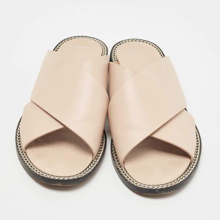 Pre Owned Givenchy Pink Leather Chain Link Criss Cross Flat Slides Size 40.5