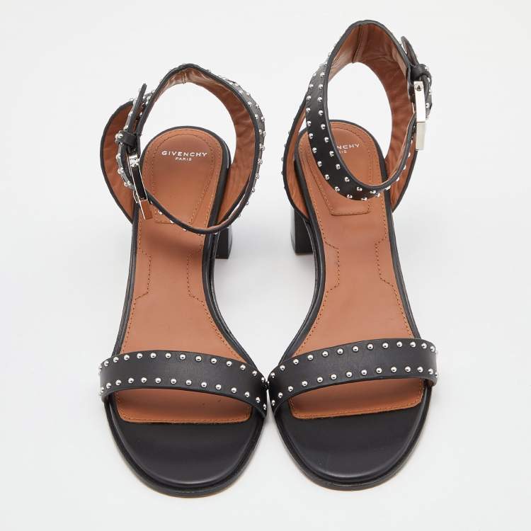 Pre Owned Givenchy Black Studded Leather Block Heel Ankle Strap Sandals Size 40